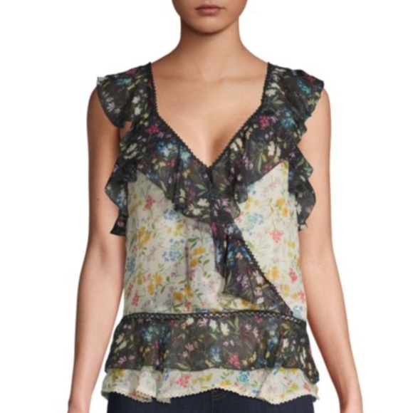 Anthropologie Tops - Love Sam Ruffled Floral Sleeveless Black Top L NWT